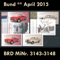 BRD MiNr. 3143-3148 ** Neuausgaben Bund April 2015, postfrisch, inkl. Selbstkl.