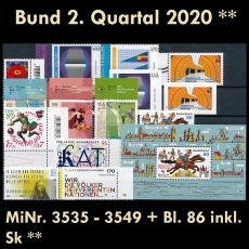 BRD MiNr. 3535-3549+Bl. 86 ** Neuausgaben Bund 2. Quartal 2020, postfr. inkl. Sk