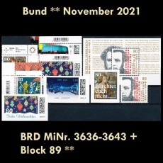 FRG MiNo. 3636-3643 + sheetlet 89 ** New issues Germany November 2021, MNH