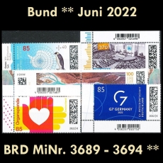 BRD MiNr. 3689-3694 ** Neuausgaben Bund Juni 2022, postfrisch