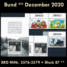 FRG MiNo. 3576-3579 + sheetlet 87 ** New issues Germany December 2020, MNH