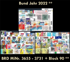 BRD Jahrgang 2022 ** MiNr. 3655-3731 + Block 90 inkl. Selbstklebenden