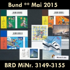 BRD MiNr. 3149-3155 ** Neuausgaben Bund Mai 2015, postfrisch, inkl. Selbstkleb.