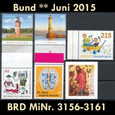 BRD MiNr. 3156-3161 ** Neuausgaben Bund Juni 2015, postfrisch, inkl. Selbstkleb.