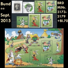 BRD MiNr. 3173-3179+Bl.80 ** Neuausgaben Bund September 2015, inkl. SK+ EM Block