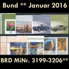 FRG MiNo. 3199-3206 ** New issues Germany January 2016, MNH, inkl. self-adhesives