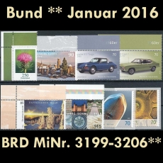 BRD MiNr. 3199-3206 ** Neuausgaben Bund Januar 2016, postfr., inkl. Selbstkleb.