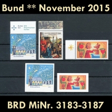 FRG MiNo. 3183-3187 ** New issues Germany November 2015, MNH, inkl. self-adhesives