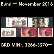 FRG MiNo. 3266-3270 ** New issues Germany november 2016, MNH incl. self-adhesive