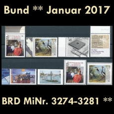 BRD MiNr. 3274-3281 ** Neuausgaben Bund Januar 2017, postfrisch inkl. Selbstkl.