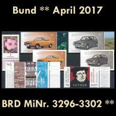 FRG MiNo. 3296-3302 ** New issues Germany april 2017, MNH incl. self-adhesive
