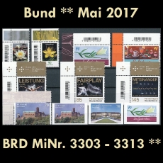 BRD MiNr. 3303-3313 ** Neuausgaben Bund Mai 2017, postfr. inkl. Selbstklebende