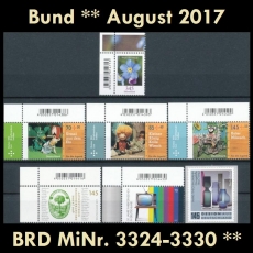 BRD MiNr. 3324-3330 ** Neuausgaben Bund August 2017 inkl. Selbstkleb., postfr.