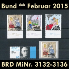 BRD MiNr. 3132-3136 ** Neuausgaben Bund Februar 2015, postfr., inkl. Selbstkl.