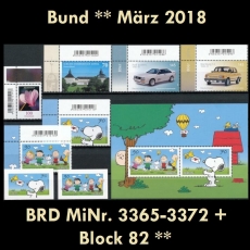 FRG MiNo. 3365-3372 + block 82 ** New issues Germany march 2018, MNH, incl. self-adh.