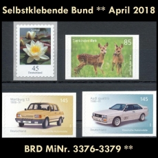 BRD MiNr. 3376-3379 ** Selbstklebende Bund April 2018, postfrisch