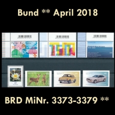 BRD MiNr. 3373-3379 ** Neuausgaben Bund April 2018, inkl. Selbstkleb., postfr.