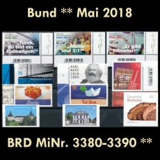 BRD MiNr. 3380-3390 ** Neuausgaben Bund Mai 2018, inkl. Selbstkleb., postfrisch