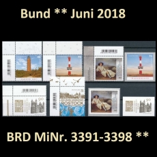 BRD MiNr. 3391-3398 ** Neuausgaben Bund Juni 2018, inkl. Selbstkleb., postfrisch