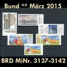 FRG MiNo. 3137-3142 ** New issues March 2015, MNH, incl. self-adhesives