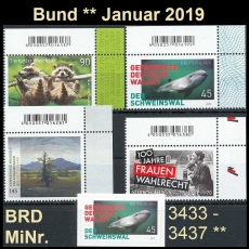 BRD MiNr. 3433-3437 ** Neuausgaben Bund Januar 2019, postfrisch