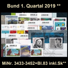 BRD MiNr. 3433-3452+Bl. 83 ** Neuausgaben Bund 1. Quartal 2019, postfr. inkl. Sk