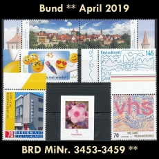 BRD MiNr. 3453-3459 ** Neuausgaben Bund April 2019 inkl. Selbstklebende, postfr.