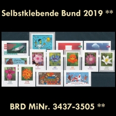 BRD MiNr. 3437-3505 ** Selbstklebende Bund Jahr 2019, postfrisch