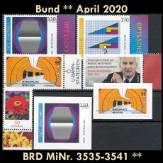 FRG MiNo. 3535-3541 ** New issues Germany April 2020, incl. self-adhesives, MNH