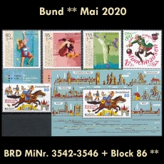 BRD MiNr. 3542-3546 + Block 86 ** Neuausgaben Bund Mai 2020, postfrisch