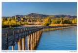 Postcard wooden bridge in Lake Zurich before Rapperswil, canton St. Gallen