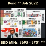 FRG MiNo. 3695-3701 ** New issues Germany July 2022, MNH