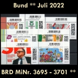 BRD MiNr. 3695-3701 ** Neuausgaben Bund Juli 2022, postfrisch