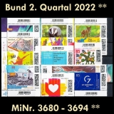 BRD MiNr. 3680-3694 ** Neuausgaben Bund 2. Quartal 2022, postfrisch