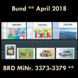 FRG MiNo. 3373-3379 ** New Issues Germany April 2018, incl. Self-adhesives, MNH