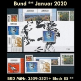 FRG MiNo. 3509-3521+sheet 85 ** Issues Germany January 2020 incl. self-adh., MNH